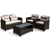 4 Pieces Outdoor Rattan Armrest Furniture Set Table with Lower Shelf