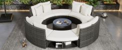 Outdoor Patio Furniture Luxury Circular Outdoor Sofa Set Rattan Wicker Sectional Sofa Lounge Set with Tempered Glass Coffee Table, 6 Pillows,Beige