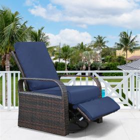 Outdoor Patio Rattan Wicker Swivel Recliner Chair;  Adjustable Reclining Chair 360° Rotating with Water Resistant Cushions (Color: Navy Blue)