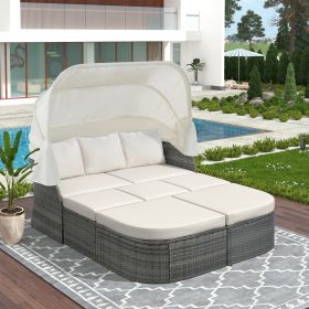 suOutdoor Patio Furniture Set Daybed Sunbed with Retractable Canopy Conversation Set Wicker Furniture Sofa Set (Color: Beige)