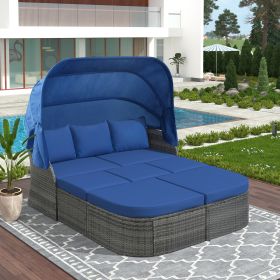 suOutdoor Patio Furniture Set Daybed Sunbed with Retractable Canopy Conversation Set Wicker Furniture Sofa Set (Color: Blue)