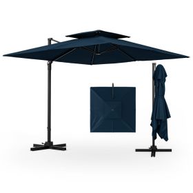 9.5 Feet Cantilever Patio Umbrella with 360° Rotation and Double Top (Color: Navy)