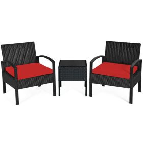 3 Pieces Outdoor Rattan Patio Conversation Set with Seat Cushions (Color: Red)